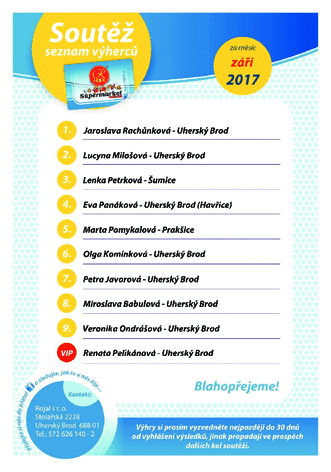 Seznam výherců za měsíc září 2017 - Supermarket Rojal