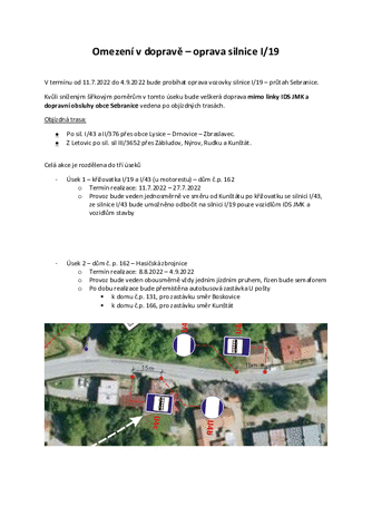 Oprava silnice I 19  prutah Sebranicemi